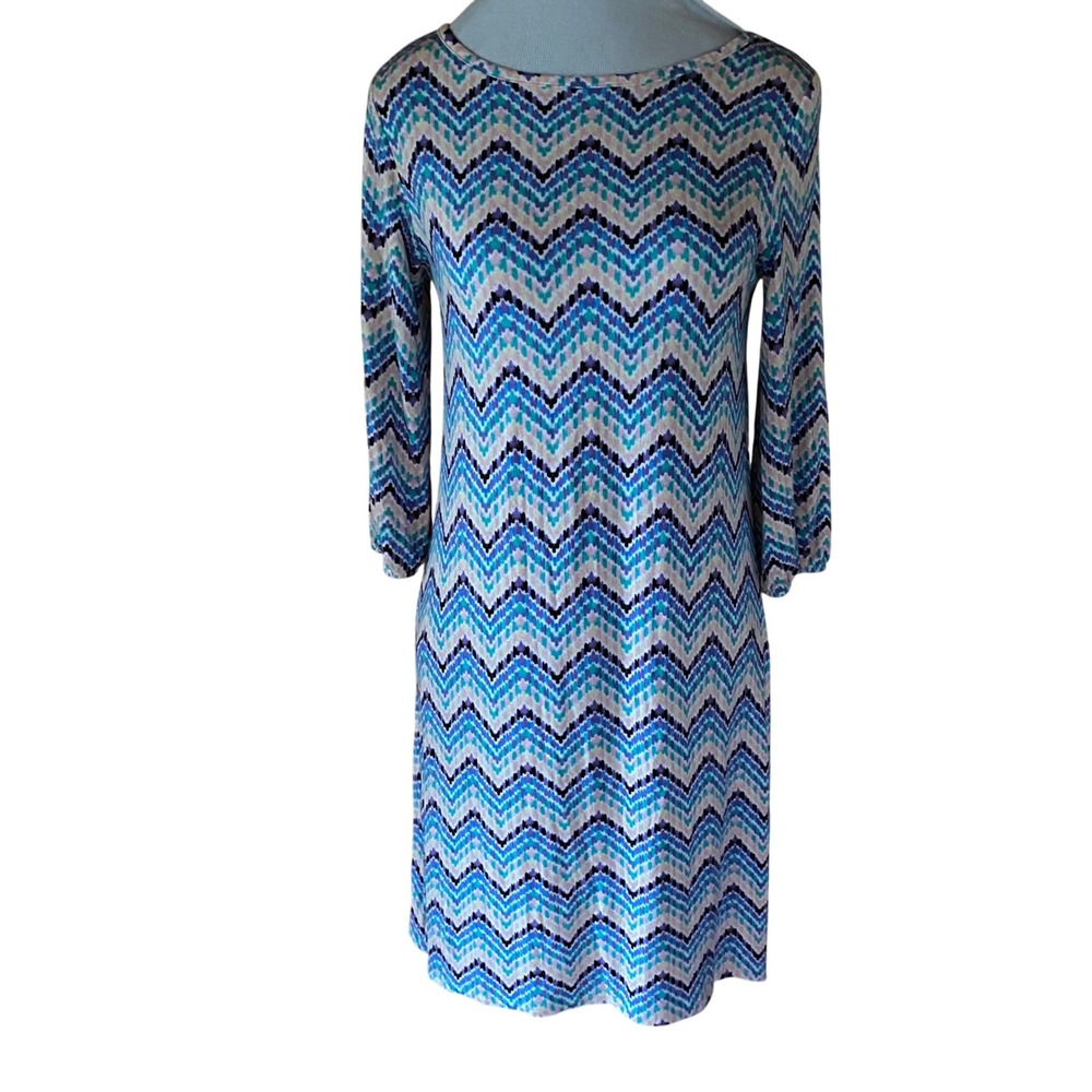 Pixley Womens Blue Purple Chevron Ikat 3/4 Sleeve Shift Dress Modest fun small